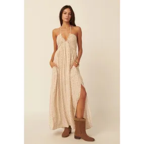 Aztec Plunge Neck Halter Strap Pocket Maxi Dress