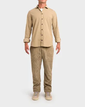 Beige Cotton Microcord Contrast Button Shirt