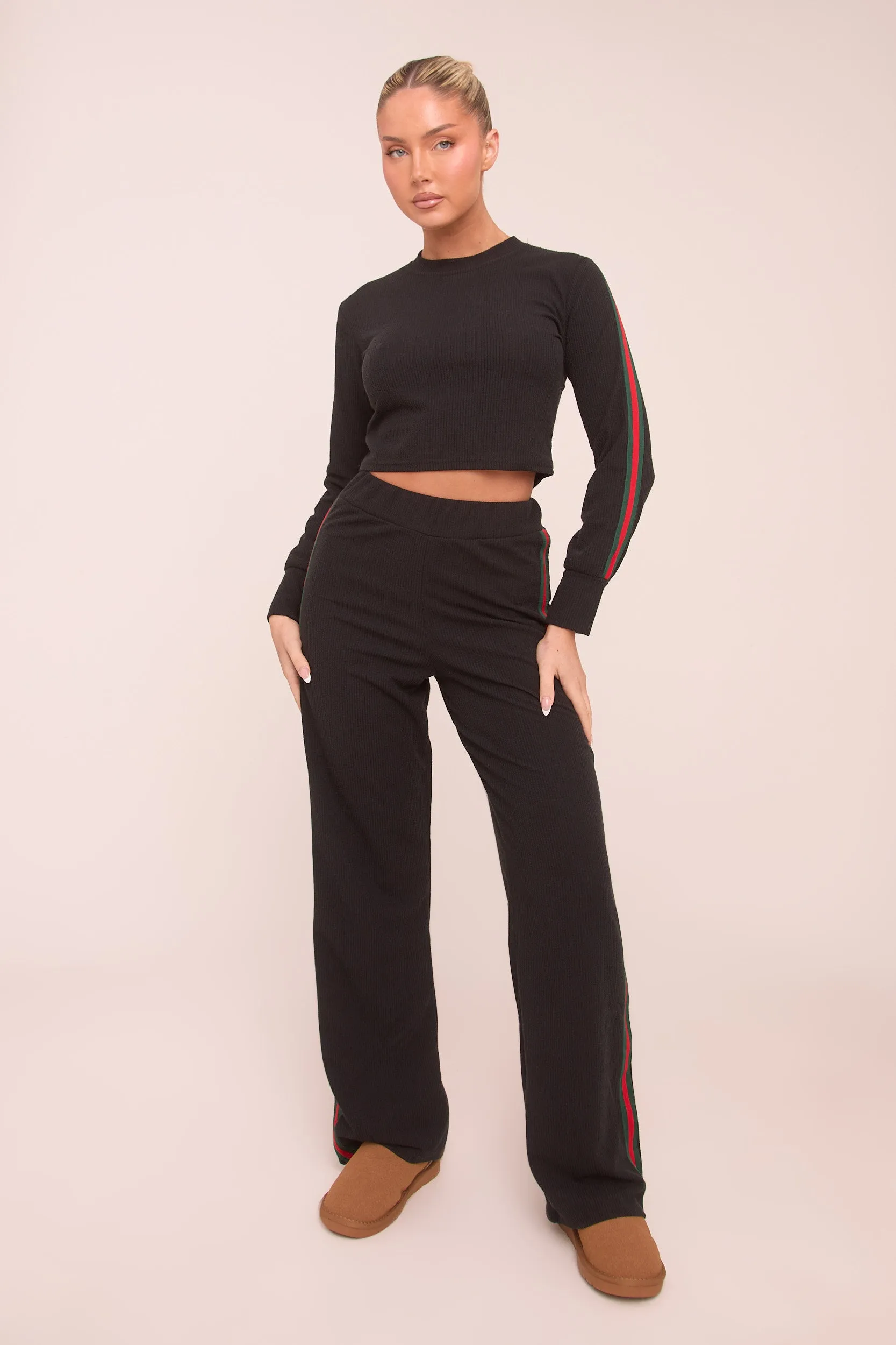 Black Rib Knit Stripe Detail Crop Top & Straight Leg Trouser Co-ord Set Set - Donna