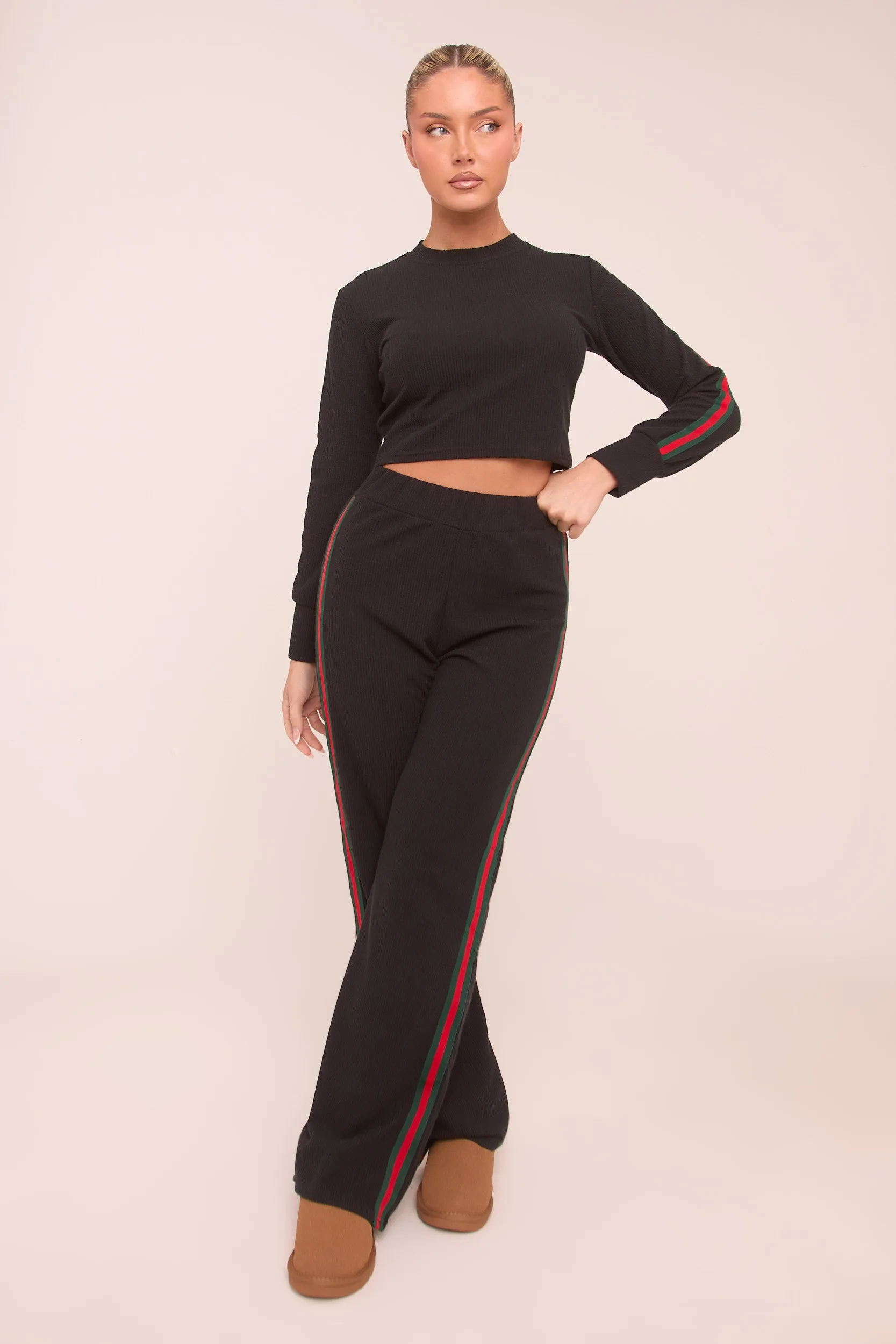 Black Rib Knit Stripe Detail Crop Top & Straight Leg Trouser Co-ord Set Set - Donna