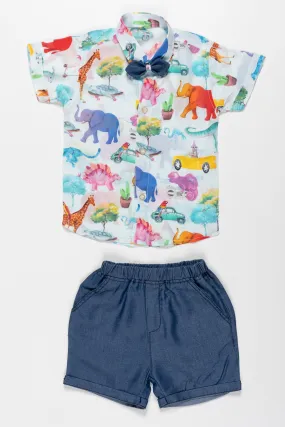 Boys Dinosaur Adventure Casual Shirt and Shorts Set-Fun Summer Ensemble