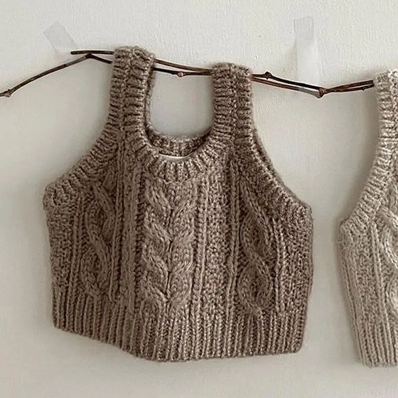 Brown and Beige Cable Knit Sweater Vest for Girls