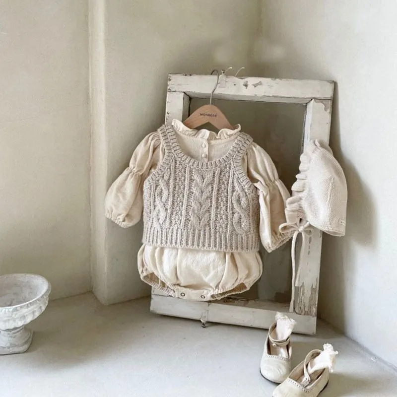 Brown and Beige Cable Knit Sweater Vest for Girls