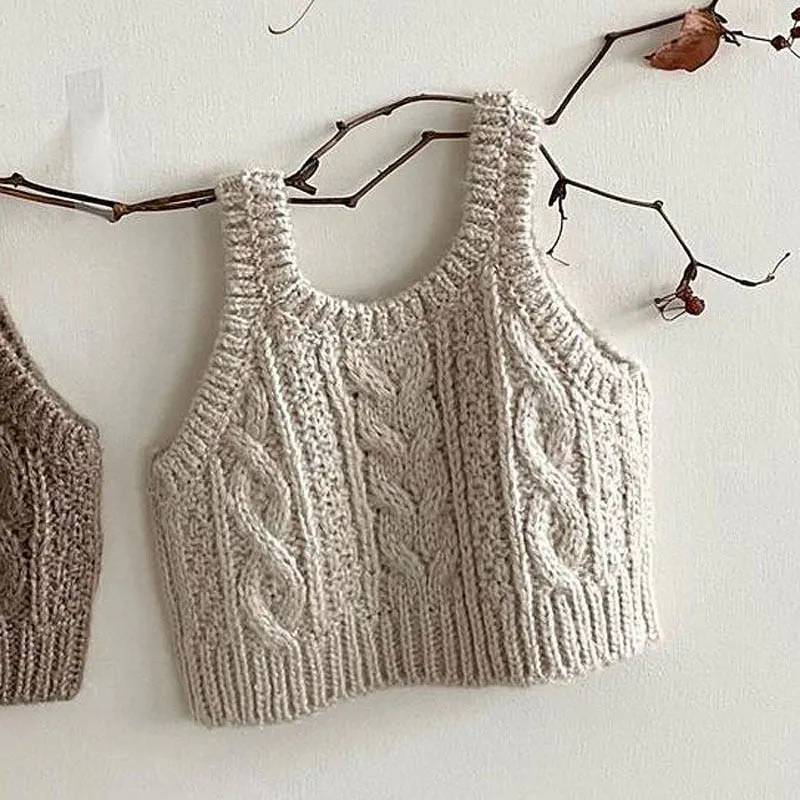 Brown and Beige Cable Knit Sweater Vest for Girls