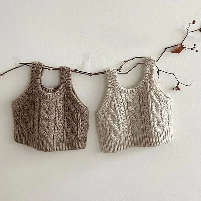 Brown and Beige Cable Knit Sweater Vest for Girls