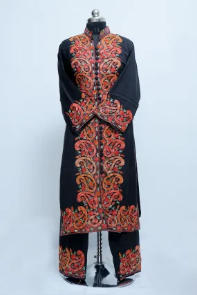 Charcoal Black Kashmiri Designer Embroidered Semi-Stitched Palazzo Suit