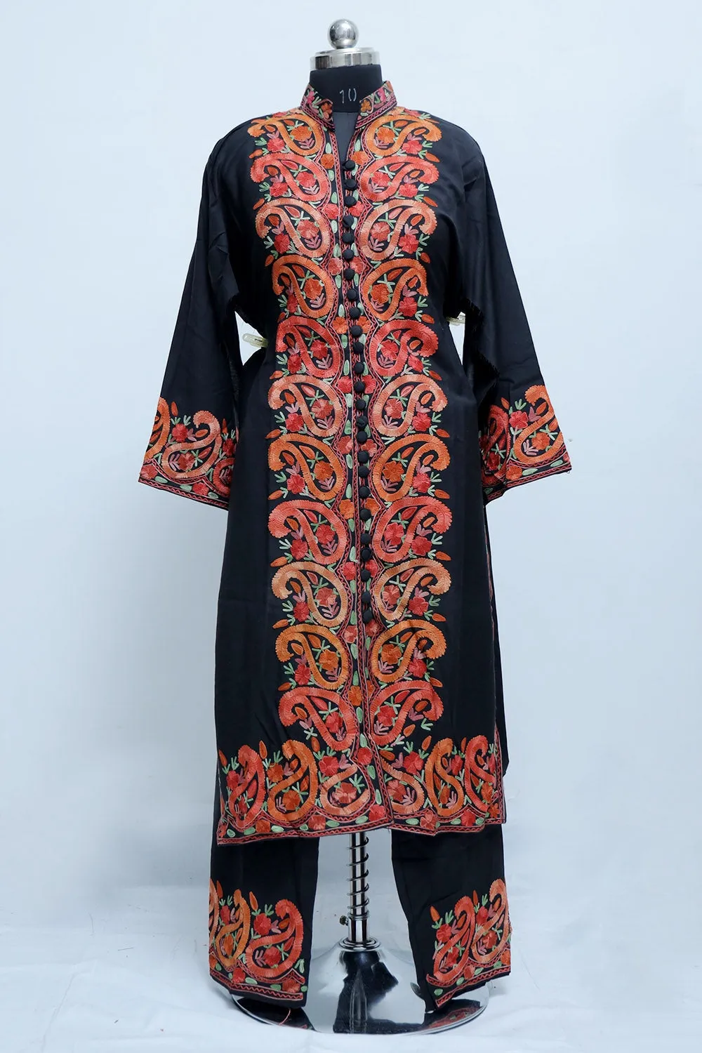 Charcoal Black Kashmiri Designer Embroidered Semi-Stitched Palazzo Suit