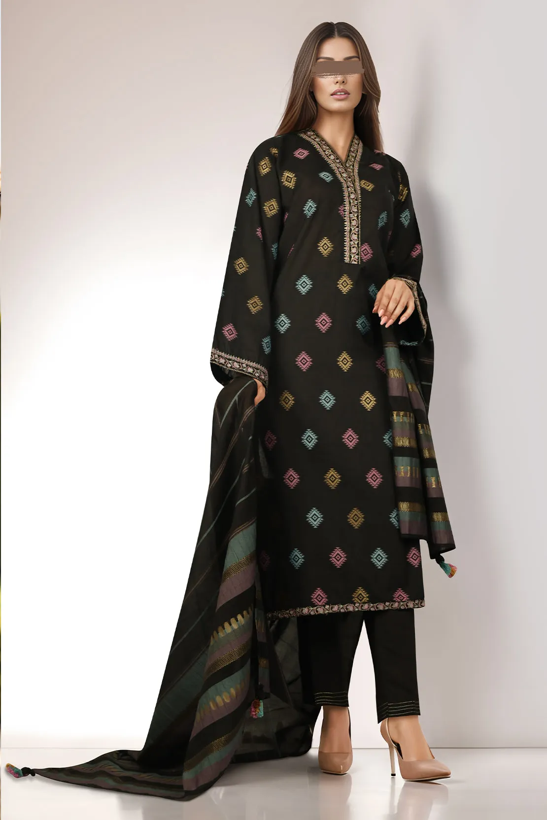 Embroidered Cotton Jacquard Stitched 3 Piece