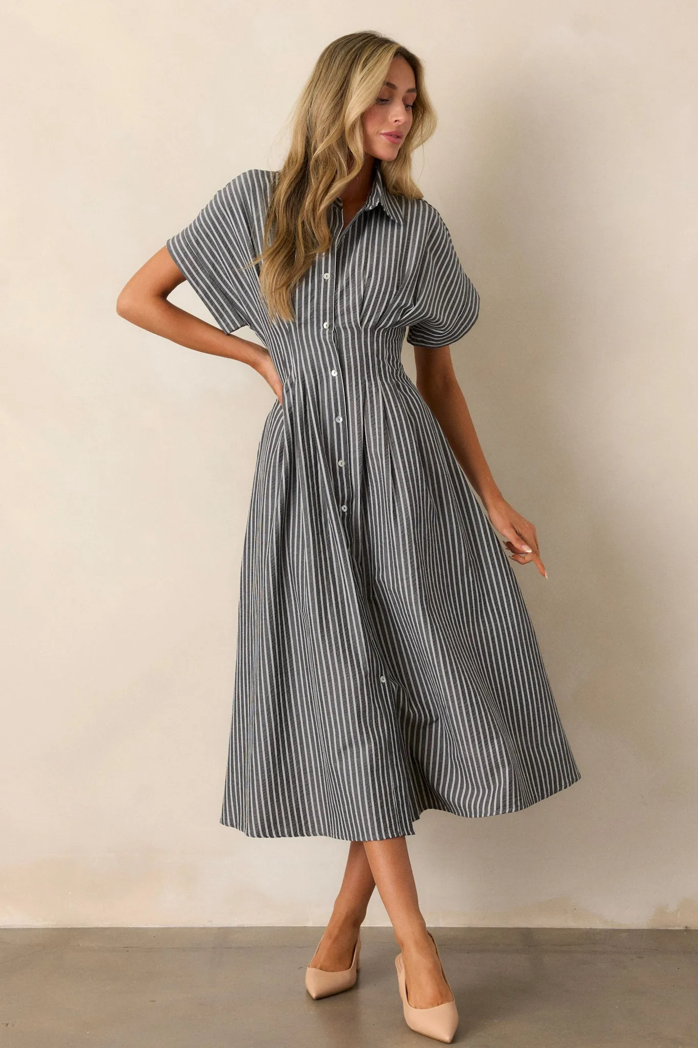 Falling Into Place Black Stripe Short Sleeve Midi Dress