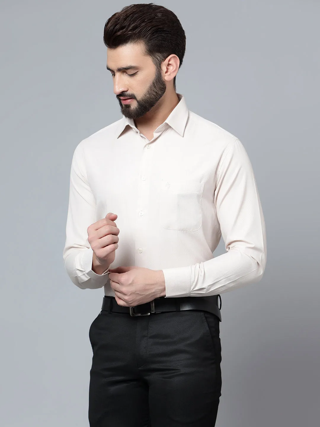 Men's Beige Formal Self Textured Full Sleeve Shirt