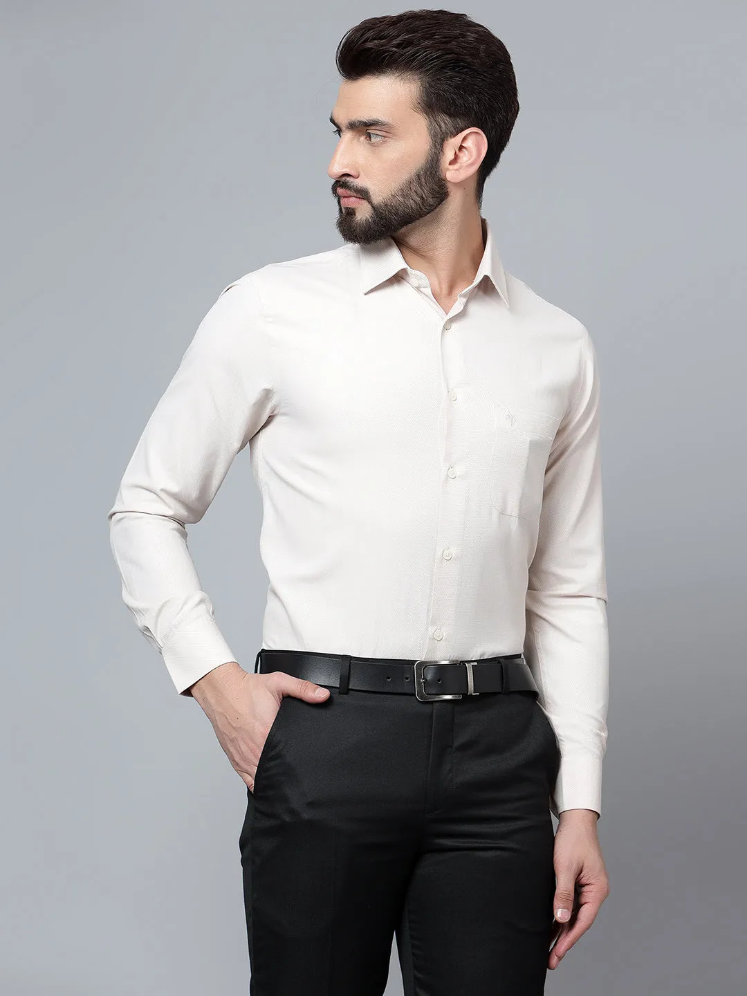 Men's Beige Formal Self Textured Full Sleeve Shirt