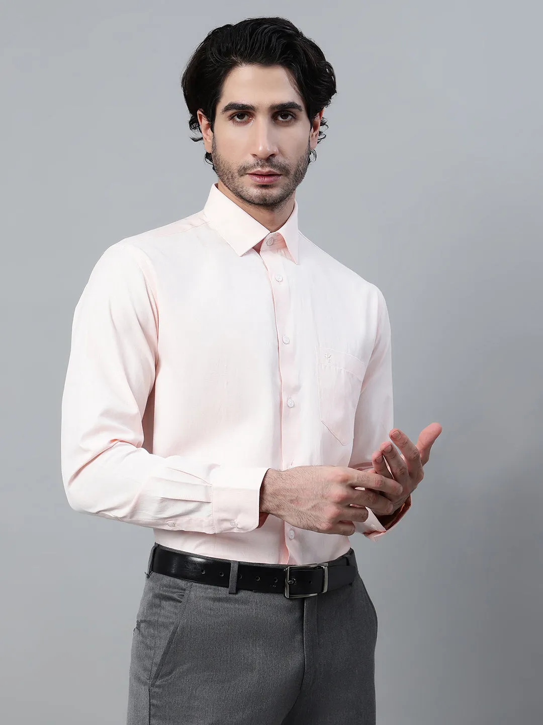 Men's Light Orange Formal Self Textured Full Sleeve Shirt