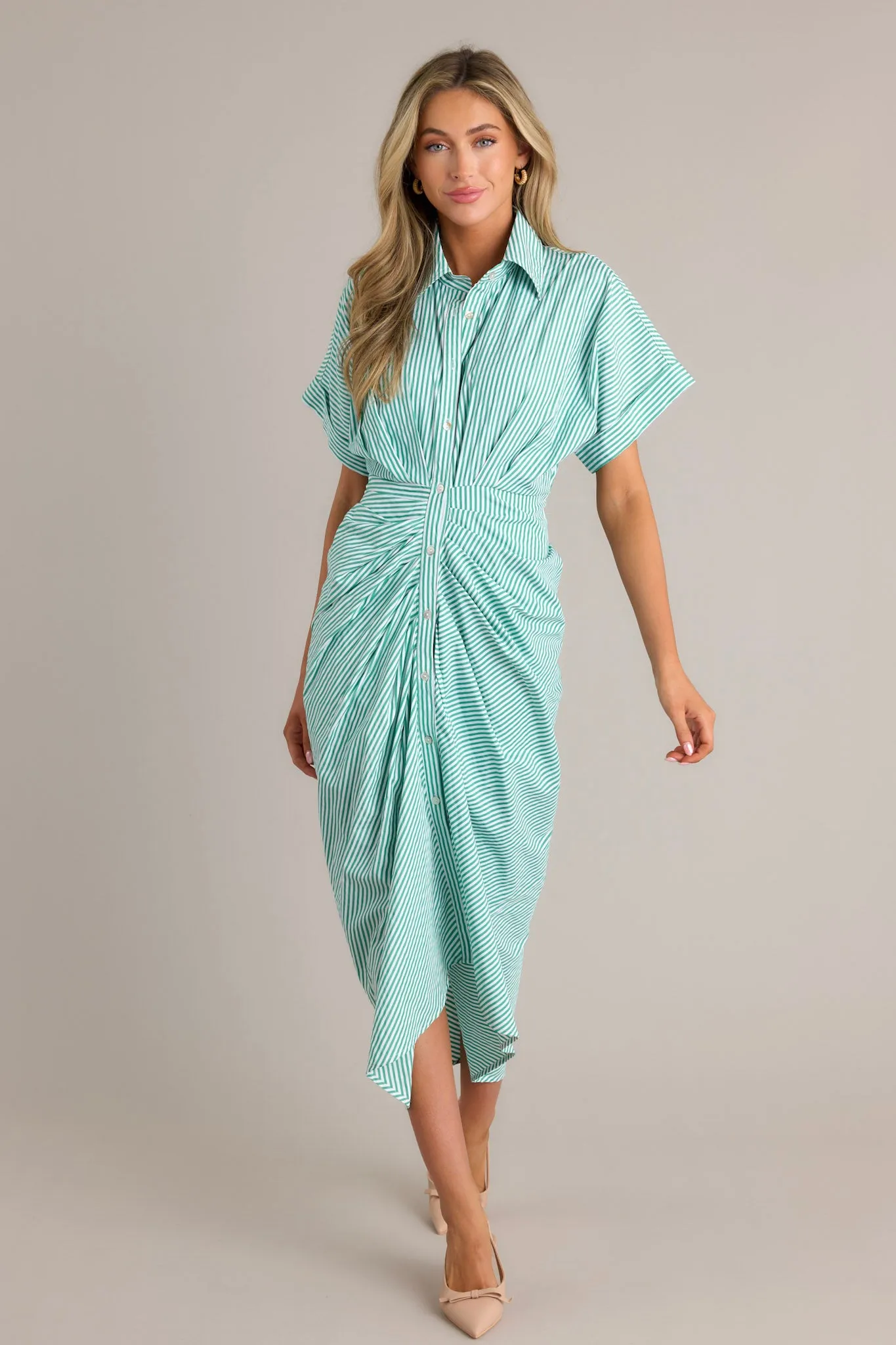 Nautical Breeze Green Stripe Button Front Midi Dress