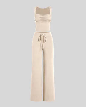 Set Of Two Ruched Square Neck Crop Top With Trouser In Apricot