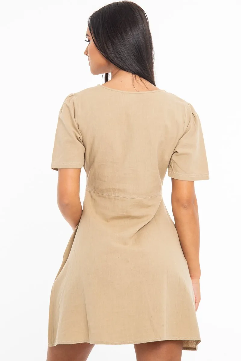 Stone Woven Plunge Button Front Mini Dress - Alyx