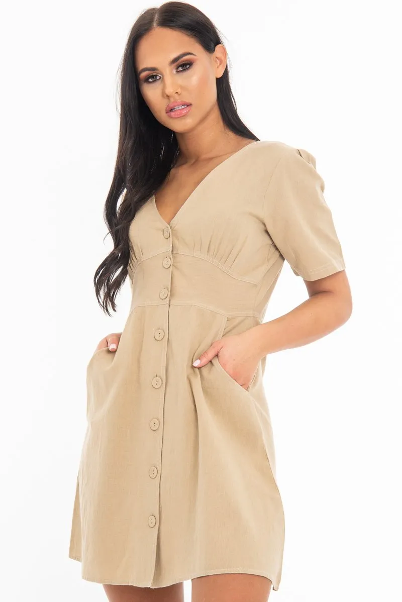 Stone Woven Plunge Button Front Mini Dress - Alyx