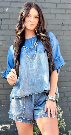 The Rodeo Ruffle Chambray Denim Top