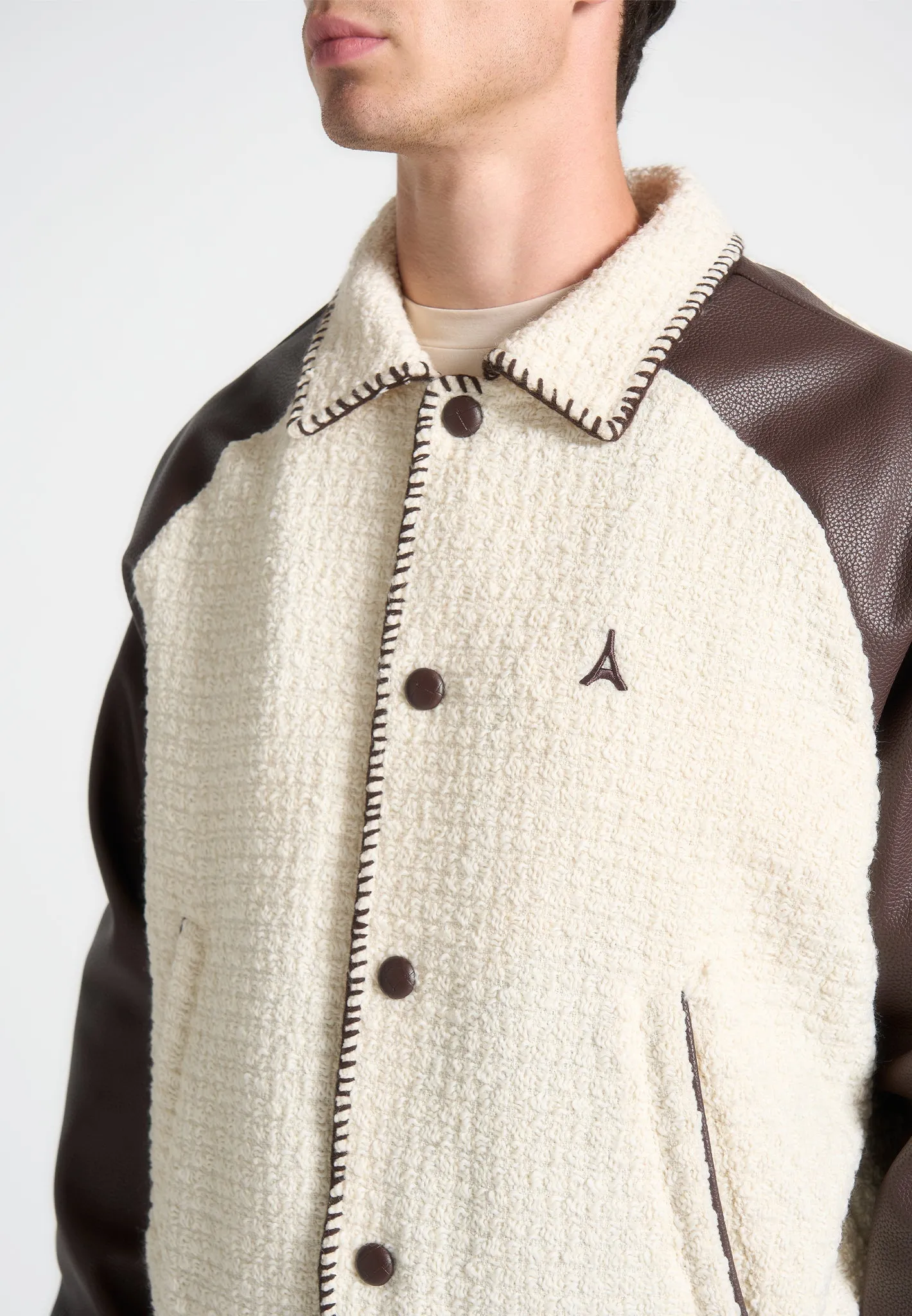 Tweed & Leather Varsity Jacket - Cream/Brown