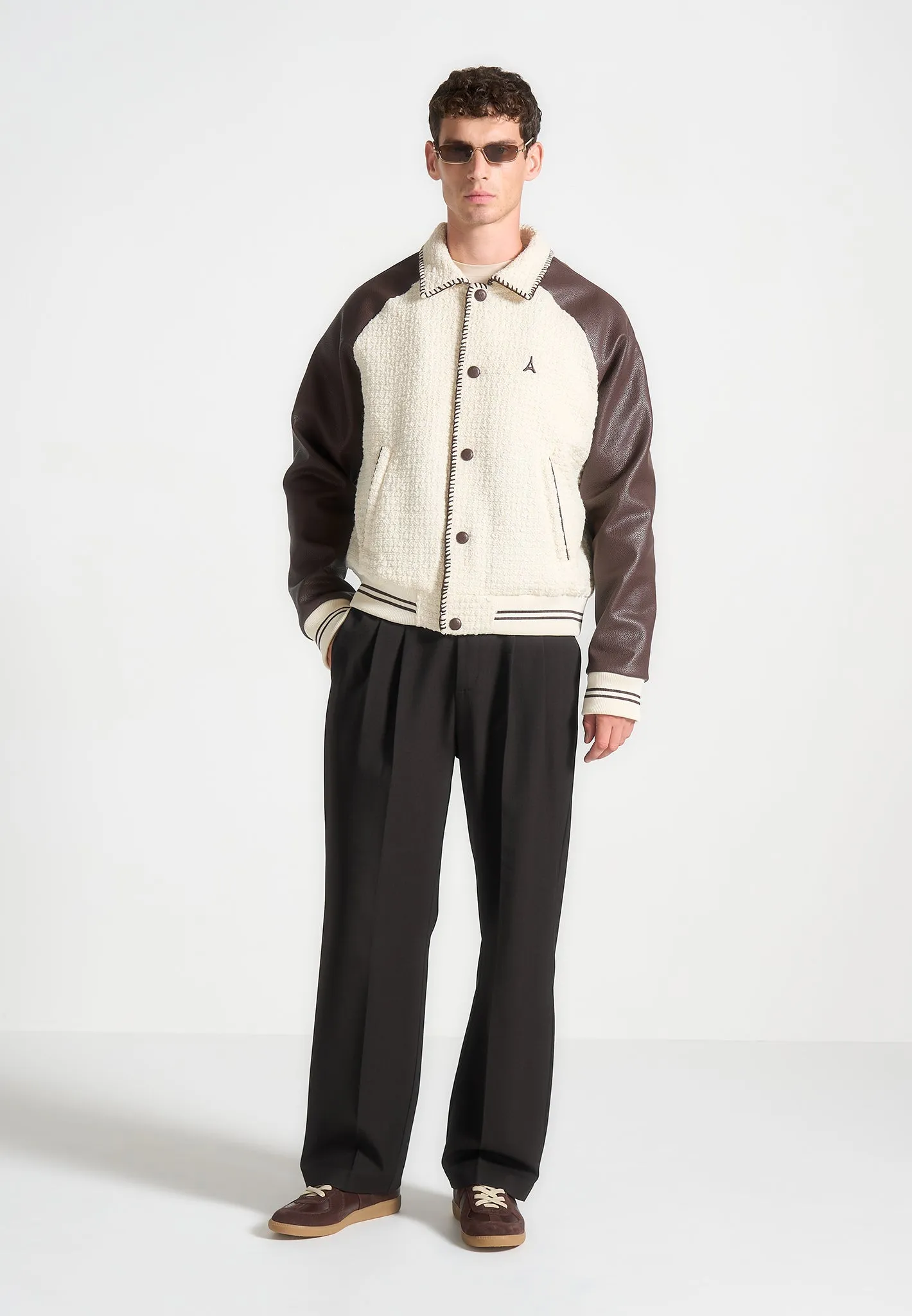 Tweed & Leather Varsity Jacket - Cream/Brown