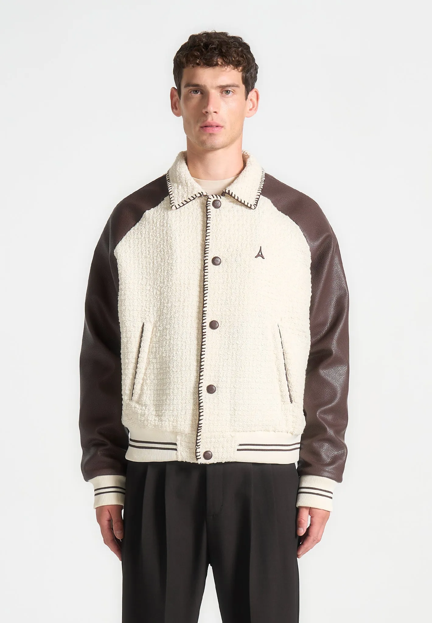 Tweed & Leather Varsity Jacket - Cream/Brown