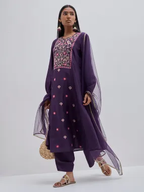 Vark Purple Embroidered Kurta, Pants and Dupatta Set