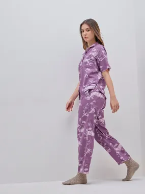 Wunderlove Purple Printed Cotton Shirt and Pyjamas Set